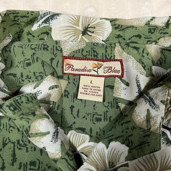 Paradise Blue Flower Floral Green Hawaiian Button Up Shirt Large - Picture 6 of 6